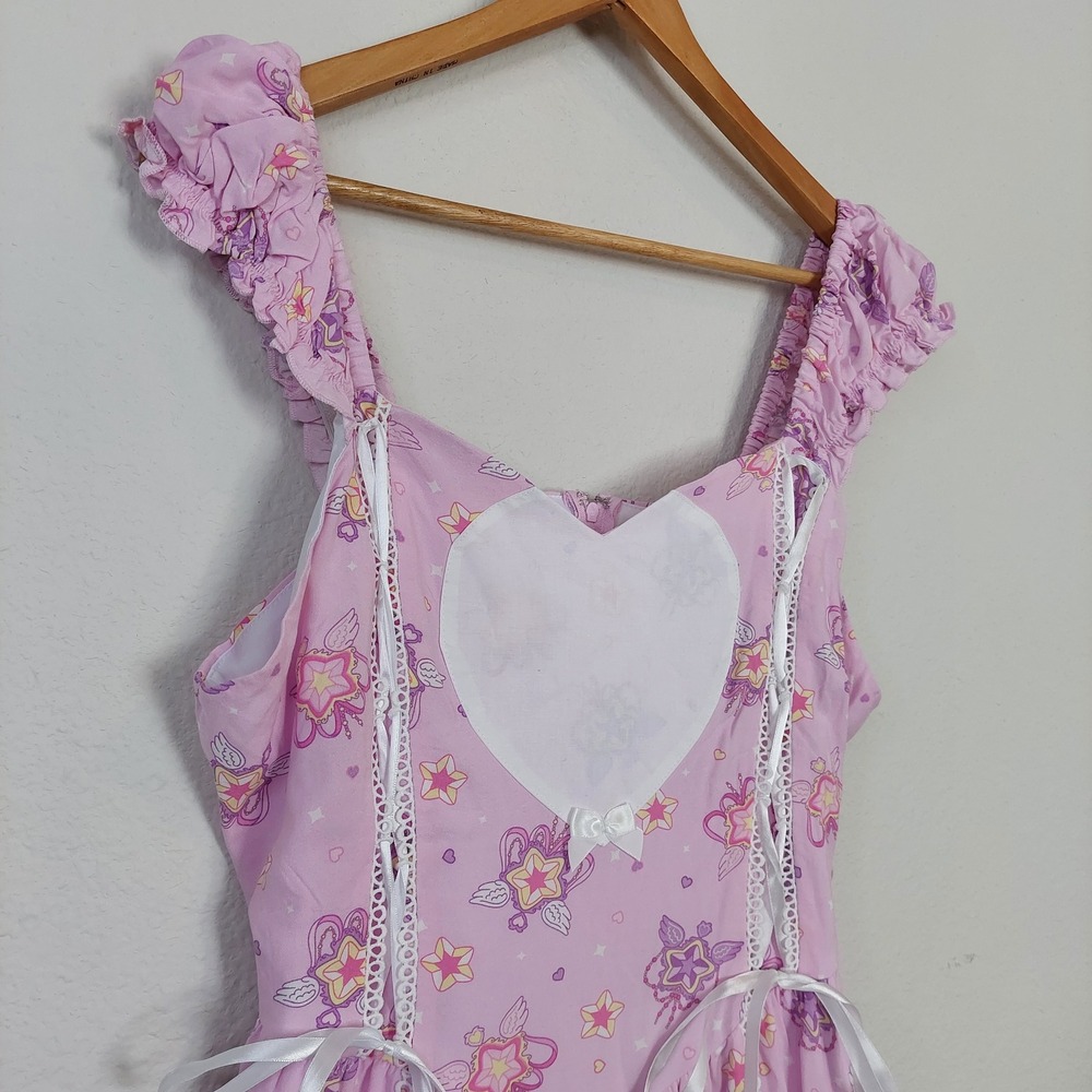 Sweet Society Hot Topic Pink Kawaii Wings Tiered Dress Heart Lace Up Size Large - Picture 3 of 9